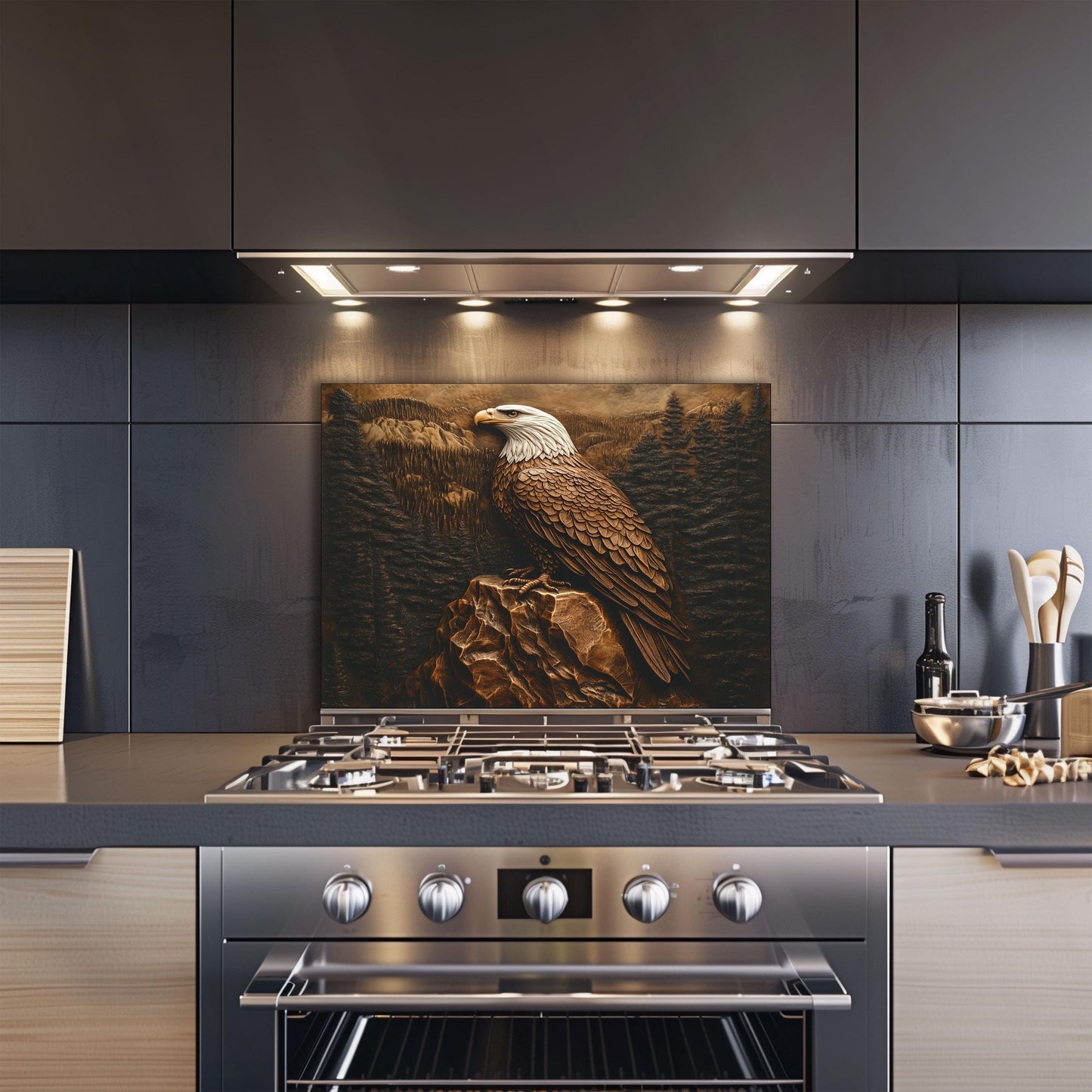 Wildlife kitchen art, copper effect tempered glass, heat-resistant backsplash, easy clean kitchen protector, nature-inspired kitchen decor, stove protector, Bald Eagle wall art