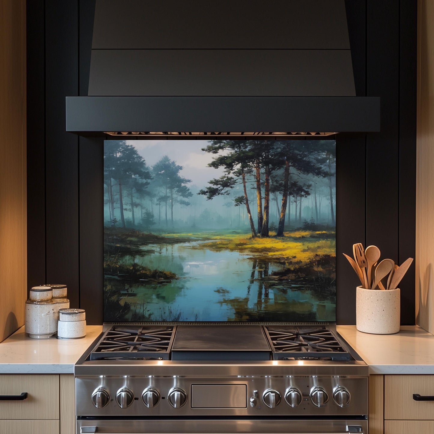 Forest Lake Tempered Glass Backsplash - Misty Woodland Kitchen Splashback