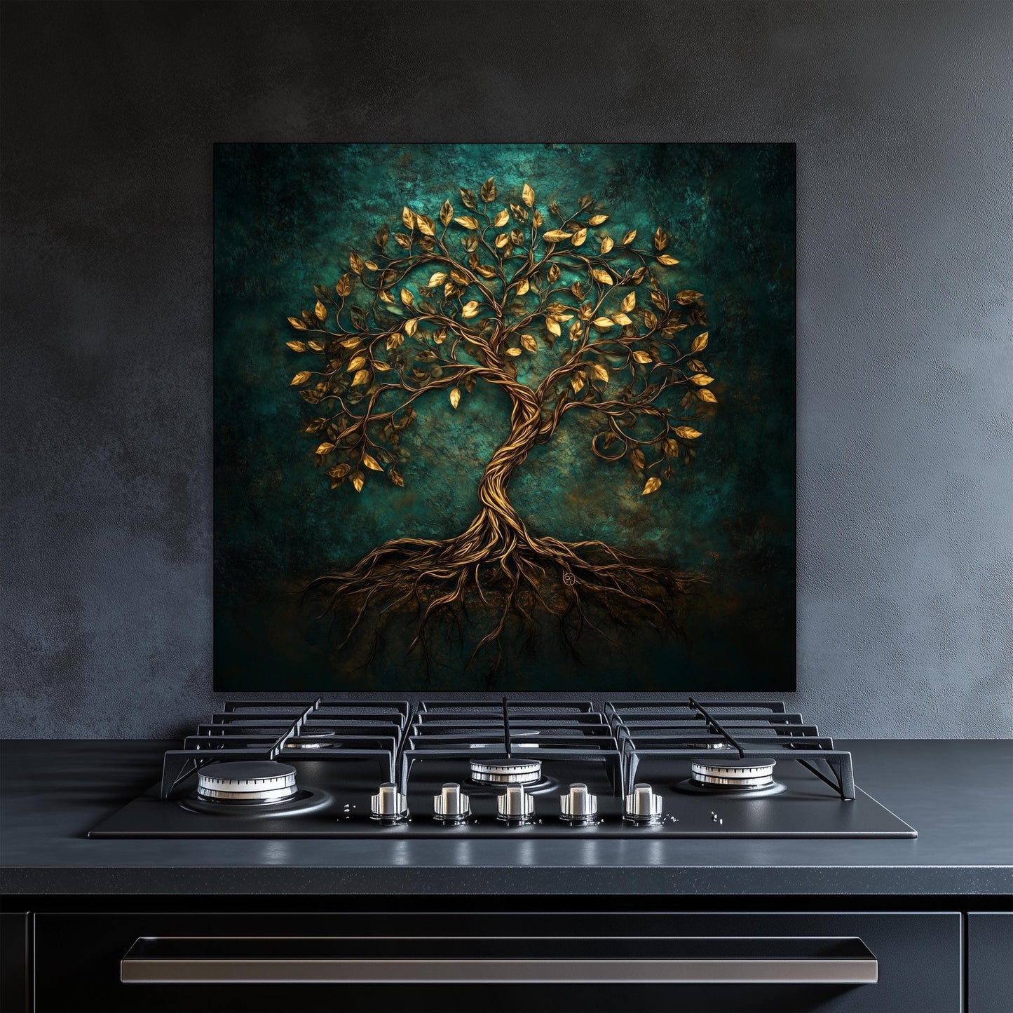 Tempered glass stove backsplash, gold leaf tree of life design, heat-resistant splashback, easy clean wall protector, modern kitchen decor, artistic wall art, stylish backsplash, stove guard