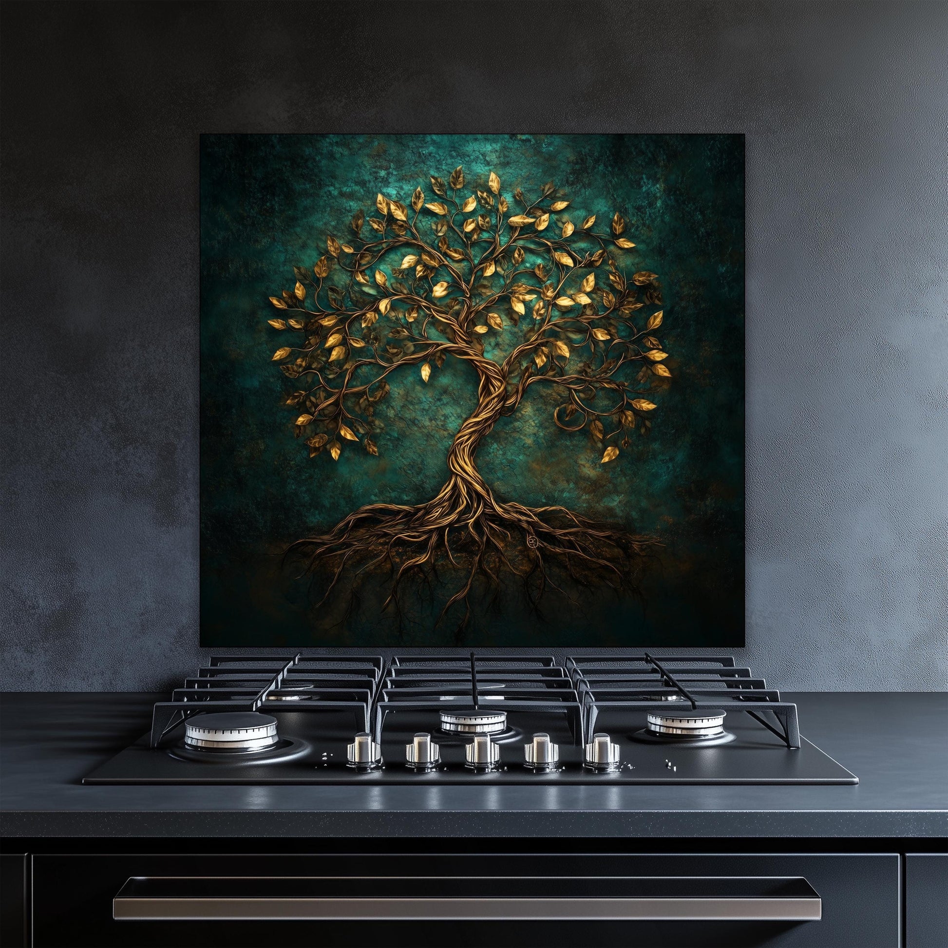 Tempered glass stove backsplash, gold leaf tree of life design, heat-resistant splashback, easy clean wall protector, modern kitchen decor, artistic wall art, stylish backsplash, stove guard