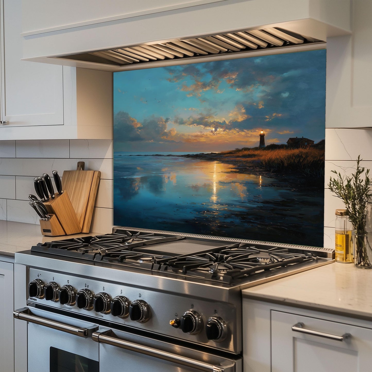 Coastal Lighthouse Glass Backsplash, Ocean Wave Stove Guard, Heat Resistant Easy Clean Kitchen Art