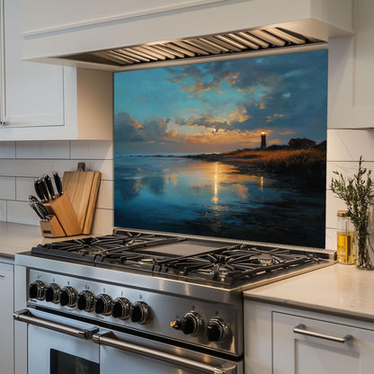 Coastal Lighthouse Glass Backsplash, Ocean Wave Stove Guard, Heat Resistant Easy Clean Kitchen Art