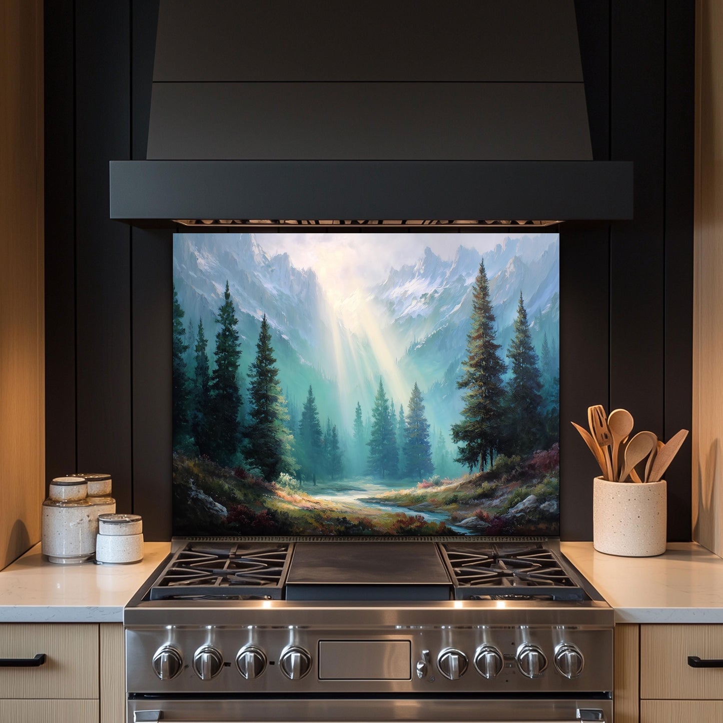 Mountain Sunrise Tempered Glass Backsplash: Rustic Kitchen Wall Art