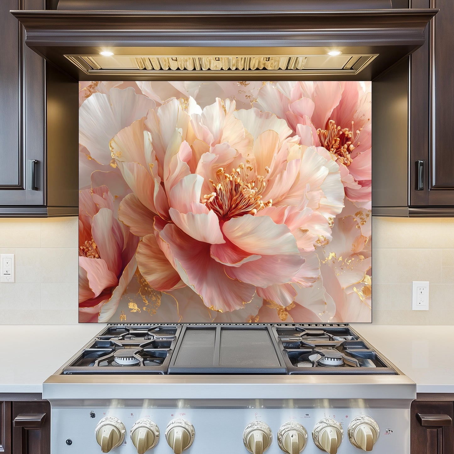 Blush Peony Glass Backsplash, Floral Pink Stove Guard, Heat Resistant Easy Clean Kitchen Art