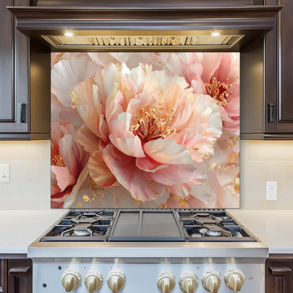 Blush Peony Glass Backsplash, Floral Pink Stove Guard, Heat Resistant Easy Clean Kitchen Art