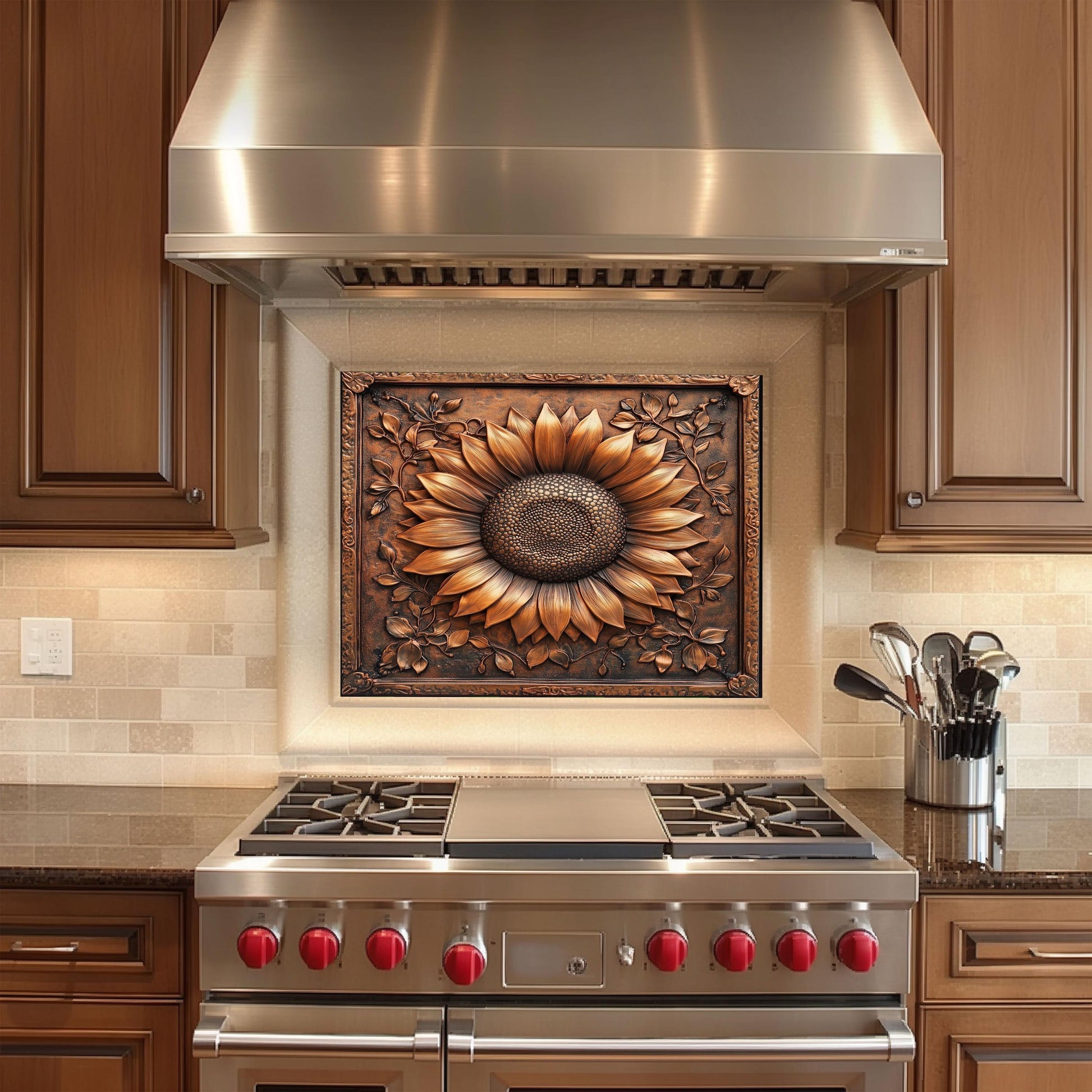 Sunflower tempered glass backsplash, floral design, heat-resistant kitchen wall panel, easy clean, stylish kitchen wall protector, artistic backsplash, stove protector, modern kitchen decor