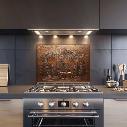Copper bear kitchen backsplash, heat-resistant tempered glass, nature-inspired kitchen wall protector, rustic decor, easy clean wall protector, stove protector, kitchen art
