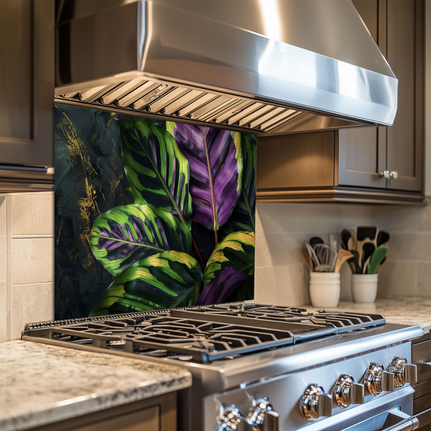 Tropical Calathea Leaf Glass Backsplash, Exotic Botanical Stove Guard, Heat Resistant Kitchen Art