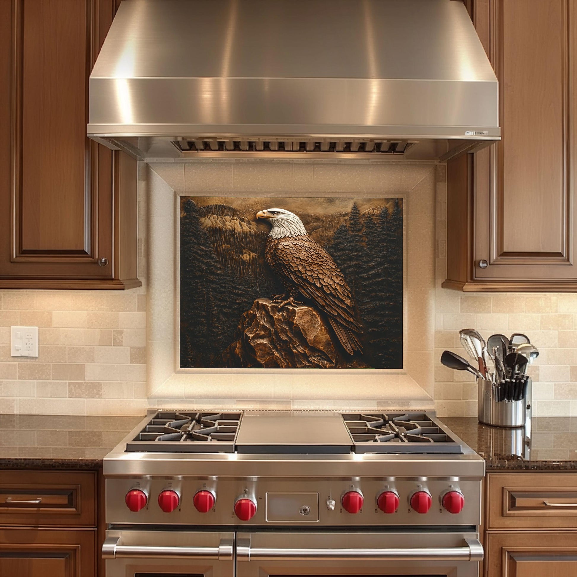 Bald Eagle design backsplash, copper effect tempered glass, heat-resistant wall protector, stove backsplash, wildlife kitchen decor, easy clean wall protector, American eagle kitchen art