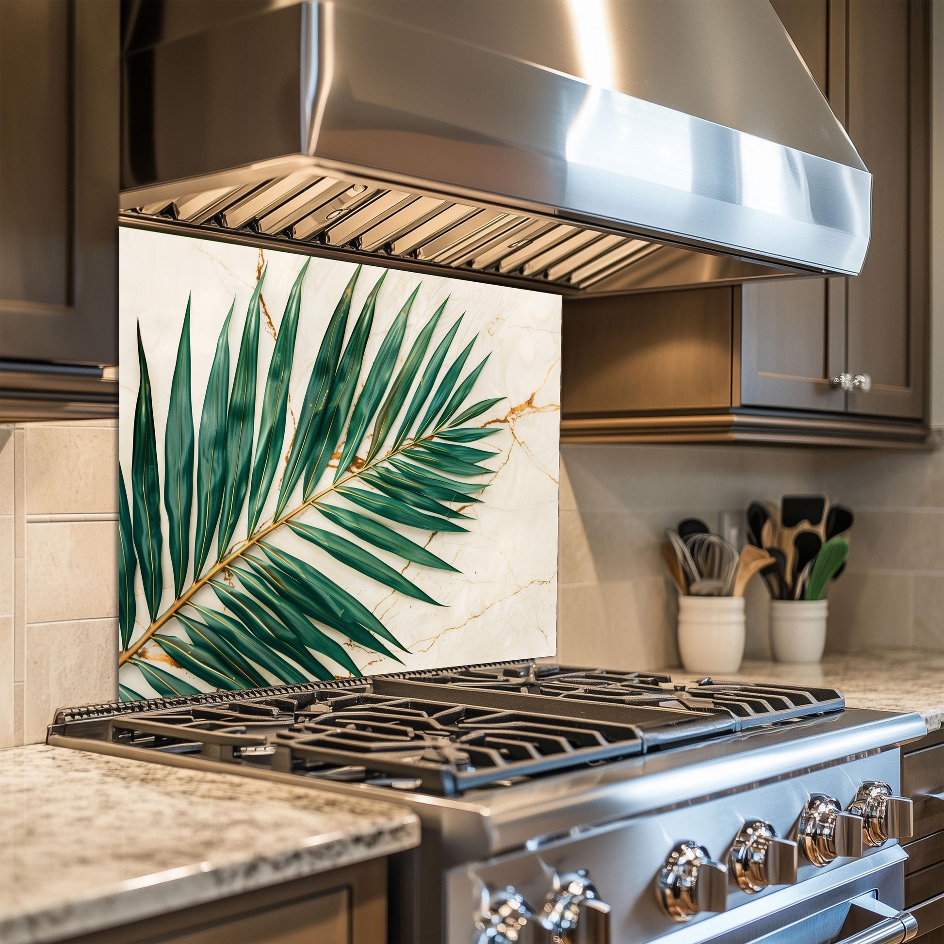 Tropical Palm Leaf Marble Glass Backsplash – Gold Vein Kitchen Wall Panel