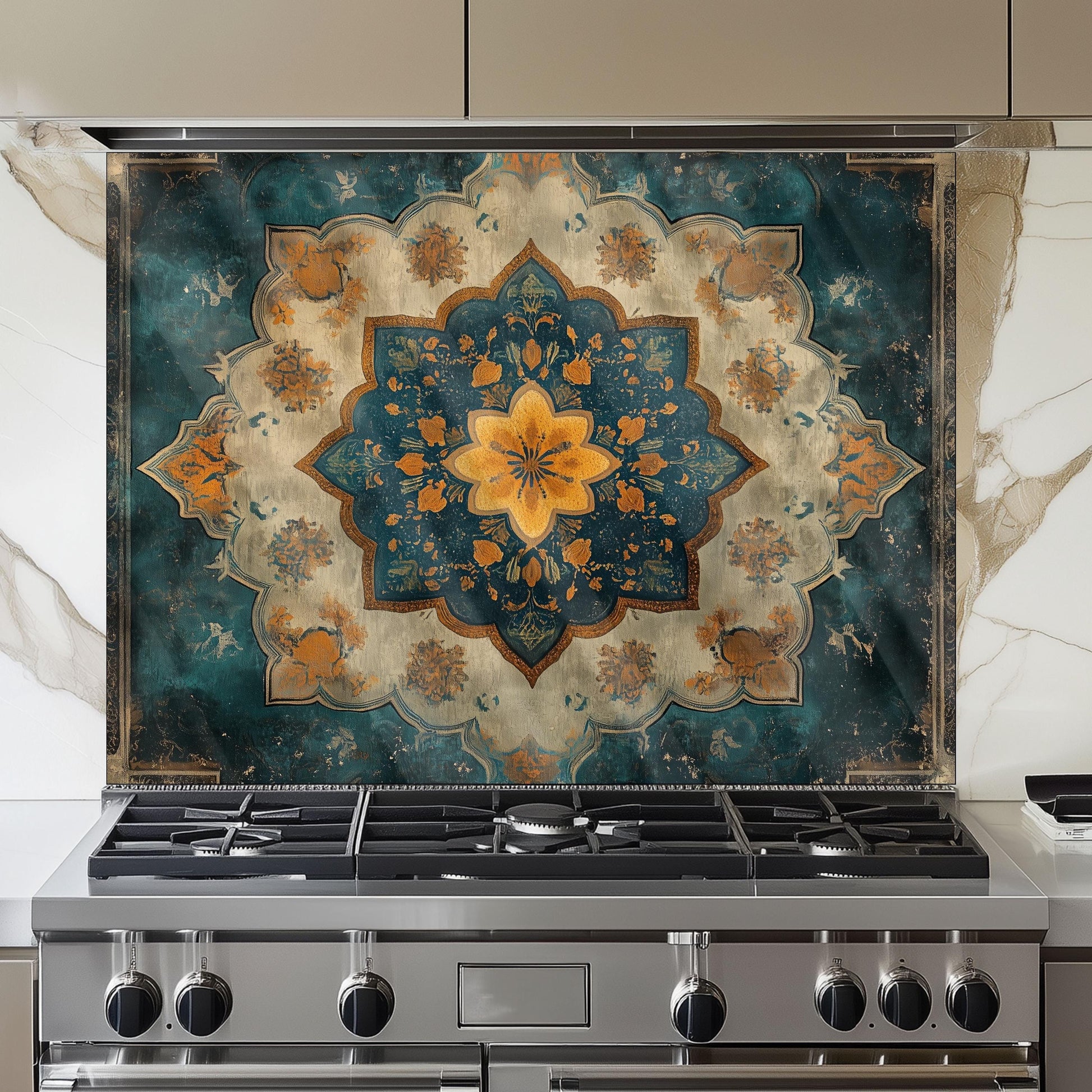 Moroccan Style Glass Backsplash, Blue Geometric Stove Guard, Heat Resistant Easy Clean Kitchen Art