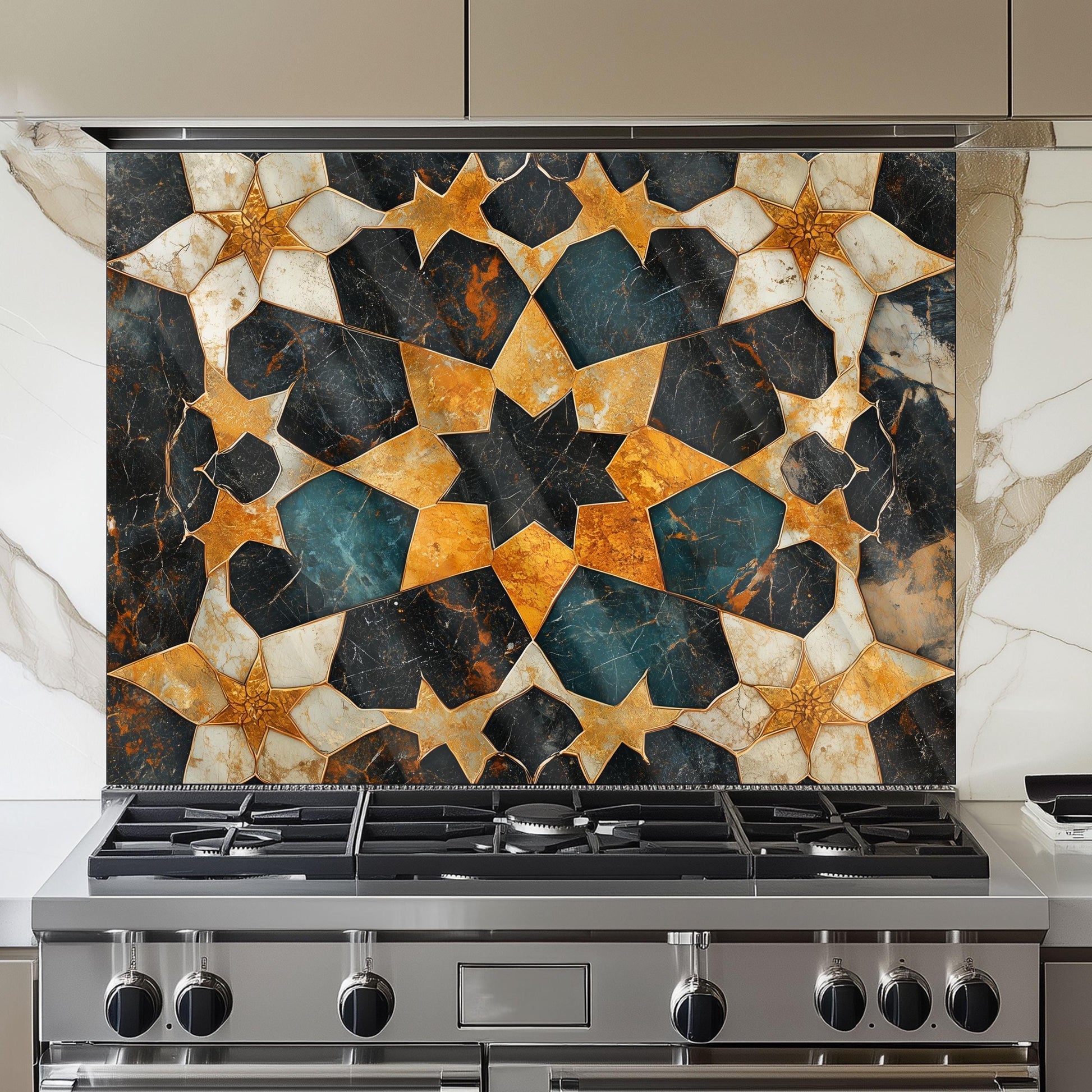 Moroccan Tile Glass Backsplash, Geometric Floral Stove Guard, Heat Resistant Easy Clean Kitchen Art