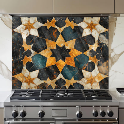 Moroccan Tile Glass Backsplash, Geometric Floral Stove Guard, Heat Resistant Easy Clean Kitchen Art