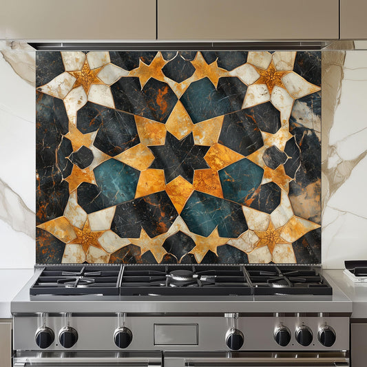 Moroccan Tile Glass Backsplash, Geometric Floral Stove Guard, Heat Resistant Easy Clean Kitchen Art