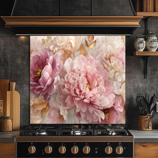 Pink Peony Tempered Glass Kitchen Backsplash: Gold Accent Floral Stove Panel