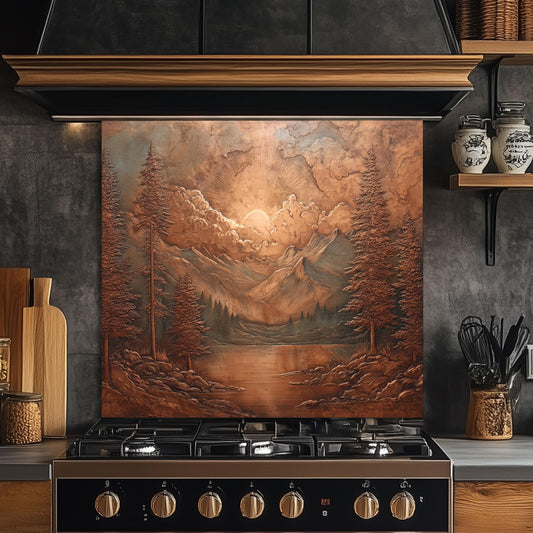 Tempered Glass Mountain Lake Backsplash: Copper-Look Rustic Kitchen Decor