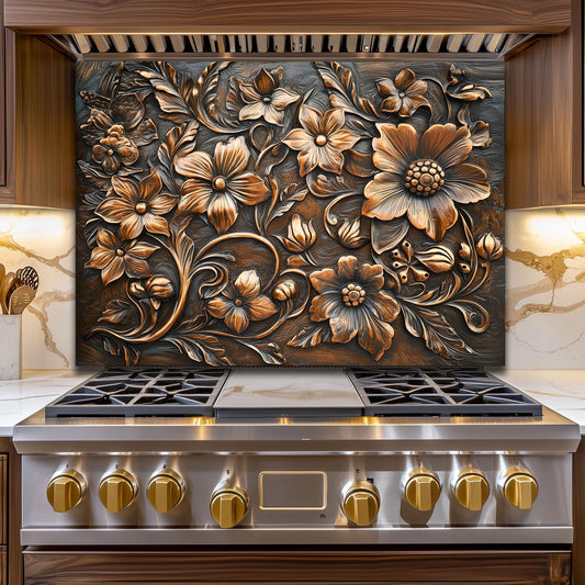 Ornate Floral Tempered Glass Backsplash: Rustic Kitchen Decor