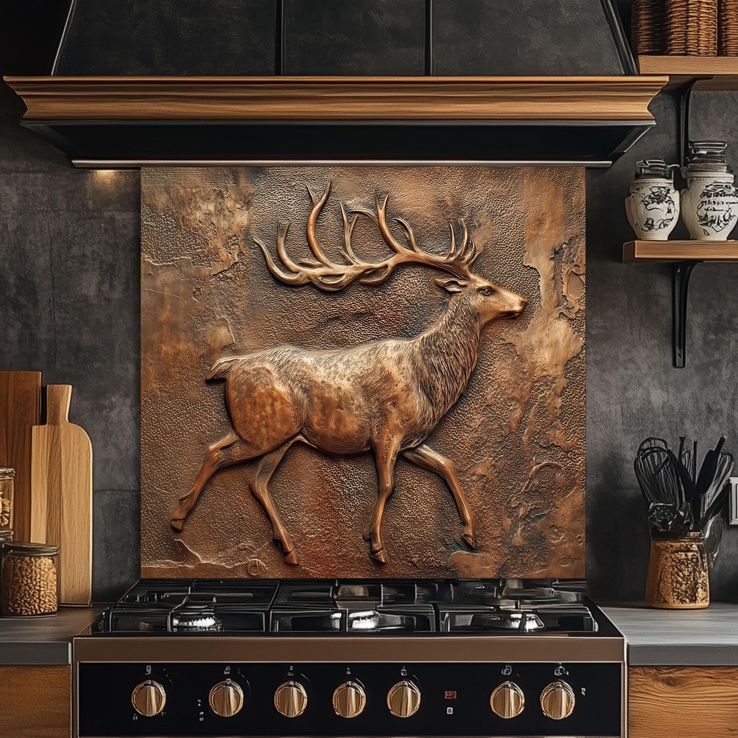 Rustic Deer Backsplash: Embossed Copper Stag Tempered Glass Stove Panel