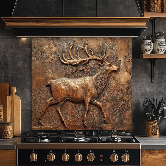 Rustic Deer Backsplash: Embossed Copper Stag Tempered Glass Stove Panel