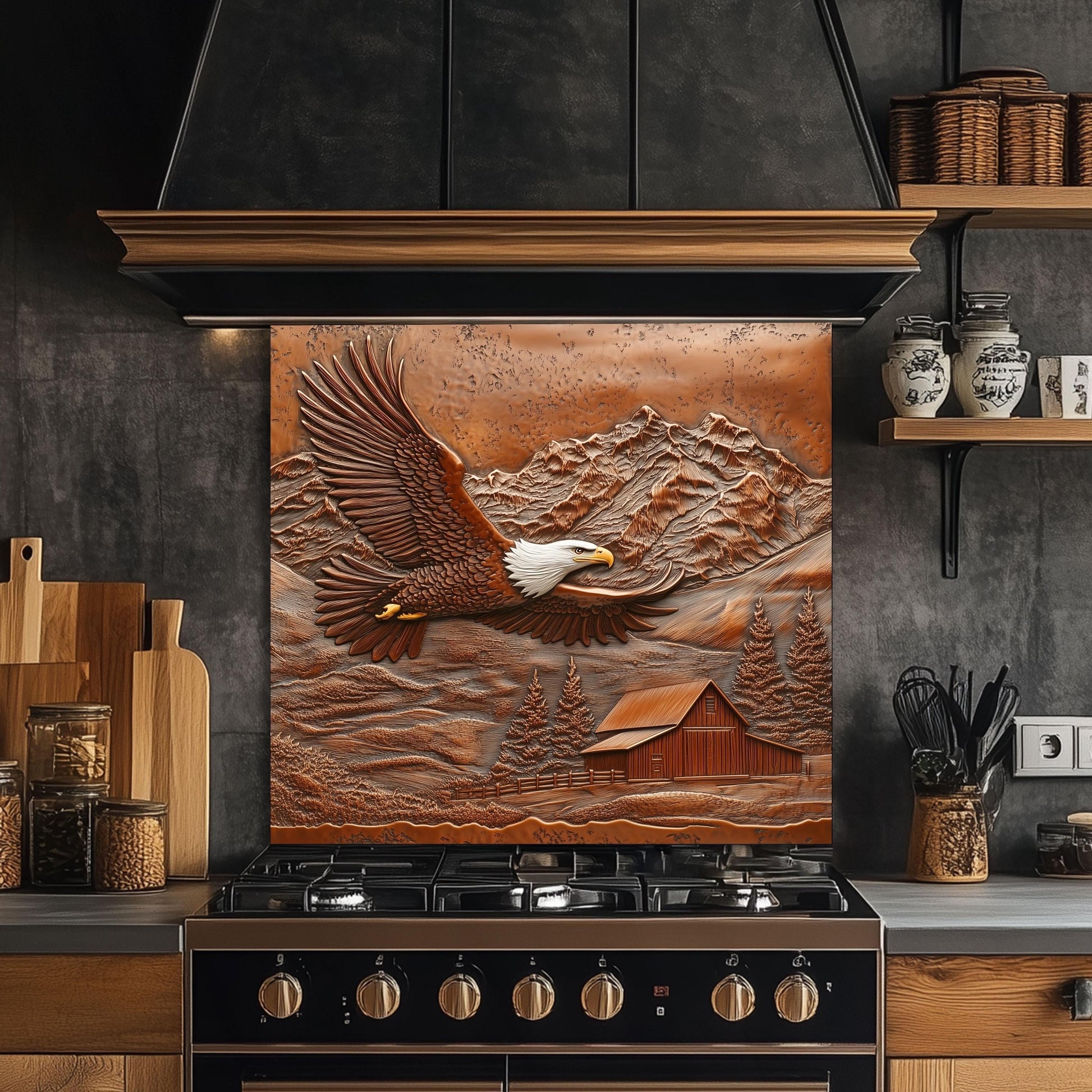 Tempered glass kitchen backsplash, eagle design copper-effect, heat-resistant kitchen wall protector, rustic farmhouse kitchen decor, nature-inspired kitchen art, easy clean backsplash, copper mountain backsplash
