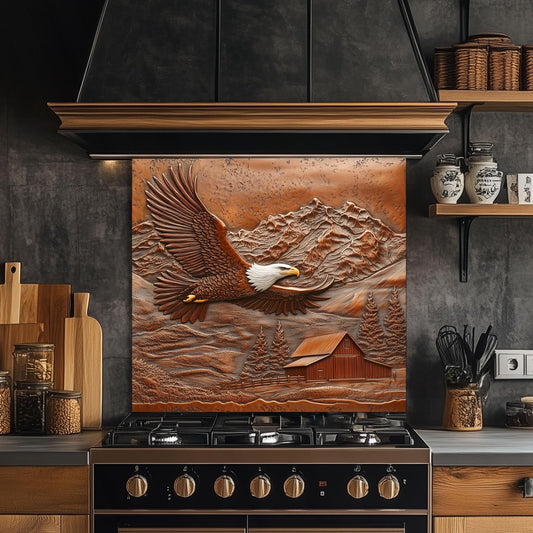 Tempered glass kitchen backsplash, eagle design copper-effect, heat-resistant kitchen wall protector, rustic farmhouse kitchen decor, nature-inspired kitchen art, easy clean backsplash, copper mountain backsplash