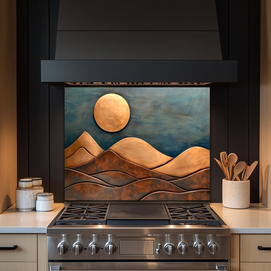Copper-Effect Mountain Tempered Glass Backsplash: Rustic Kitchen Decor