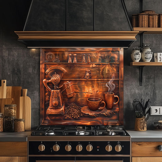 Tempered glass kitchen backsplash, vintage coffee scene design, heat-resistant splashback, easy to clean, stove wall protector, artistic kitchen decor, modern backsplash, rustic coffee decor, unique wall art
