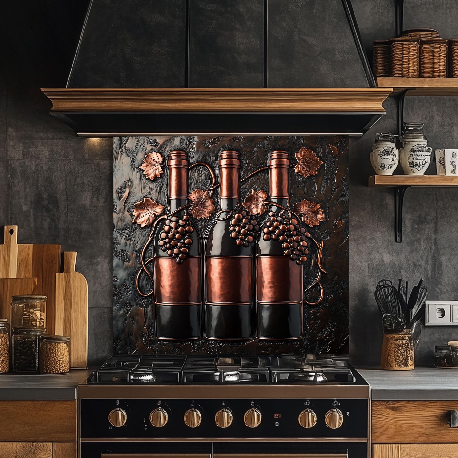 Tempered glass kitchen backsplash with wine bottle design