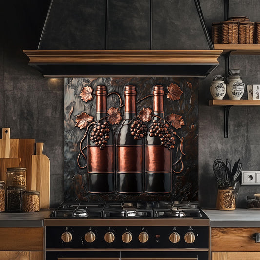 Tempered glass kitchen backsplash with wine bottle design