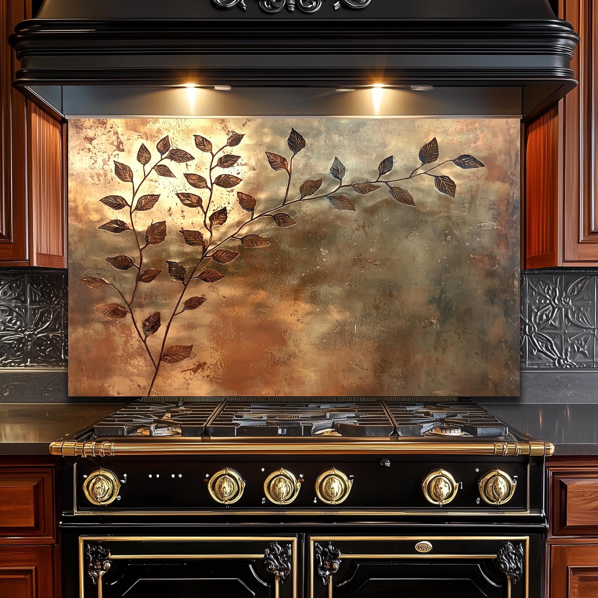 Copper Leaf Tempered Glass Backsplash: Rustic Kitchen Decor