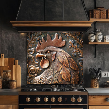 Rustic Rooster Kitchen Backsplash, Copper Texture Tempered Glass Art, Custom Size Design