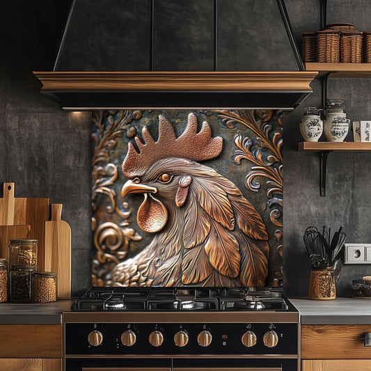 Rustic Rooster Kitchen Backsplash, Copper Texture Tempered Glass Art, Custom Size Design