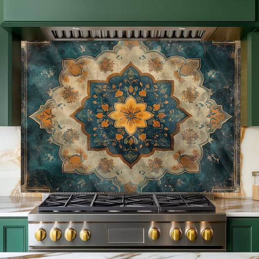 Moroccan Style Glass Backsplash, Blue Geometric Stove Guard, Heat Resistant Easy Clean Kitchen Art