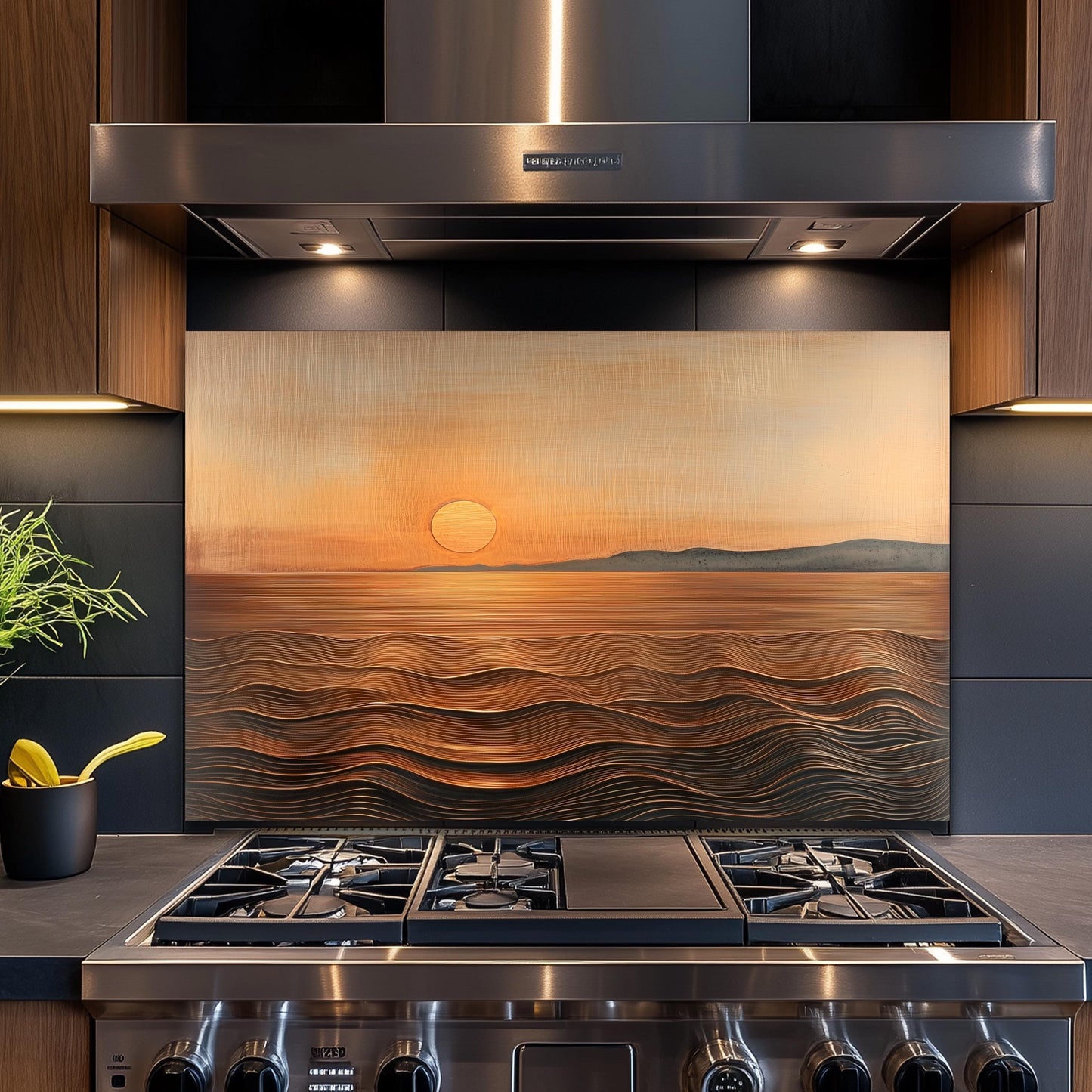 Sunset Ocean Glass Backsplash, Golden Coastal Stove Guard, Heat Resistant Easy Clean Kitchen Art