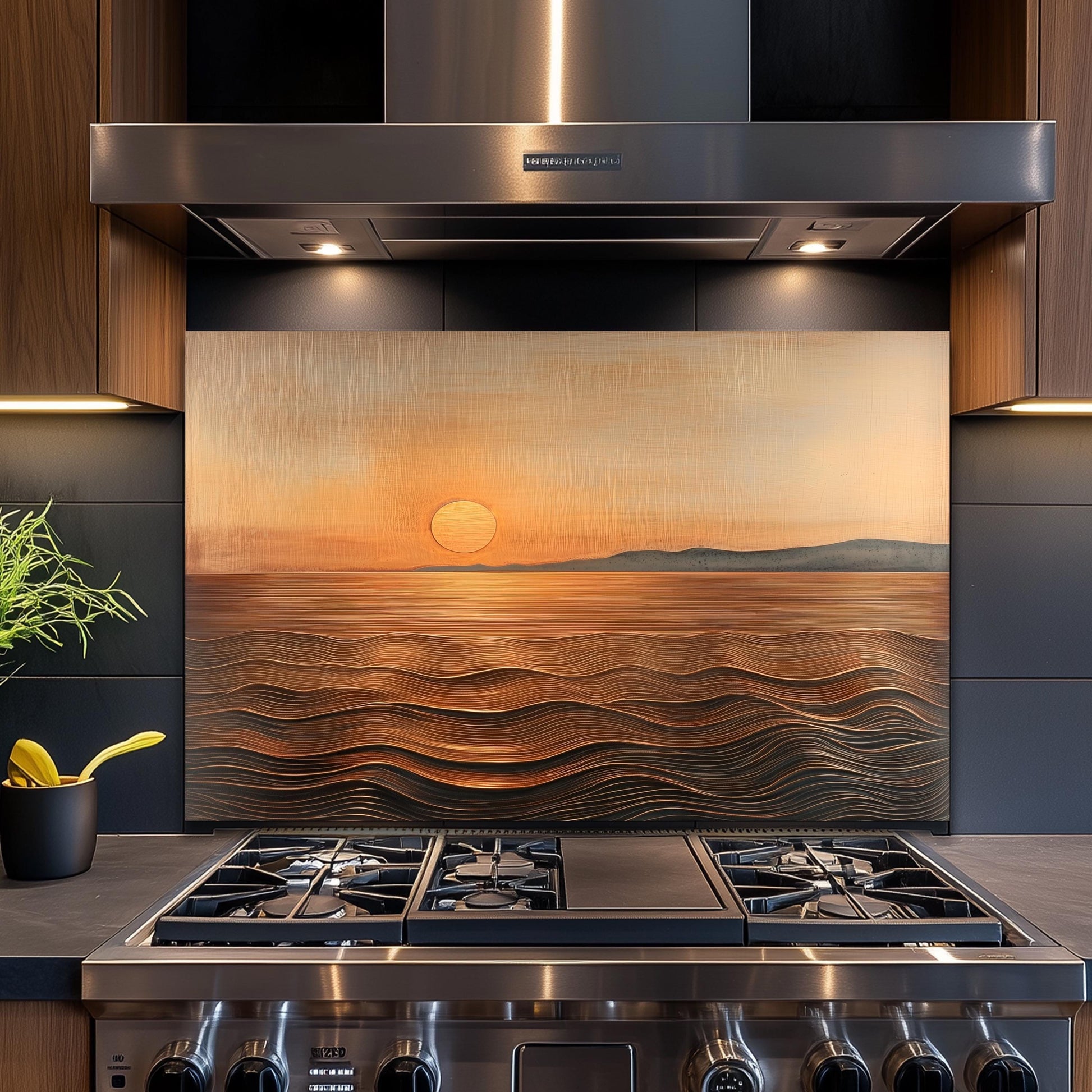 Sunset Ocean Glass Backsplash, Golden Coastal Stove Guard, Heat Resistant Easy Clean Kitchen Art