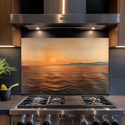 Sunset Ocean Glass Backsplash, Golden Coastal Stove Guard, Heat Resistant Easy Clean Kitchen Art