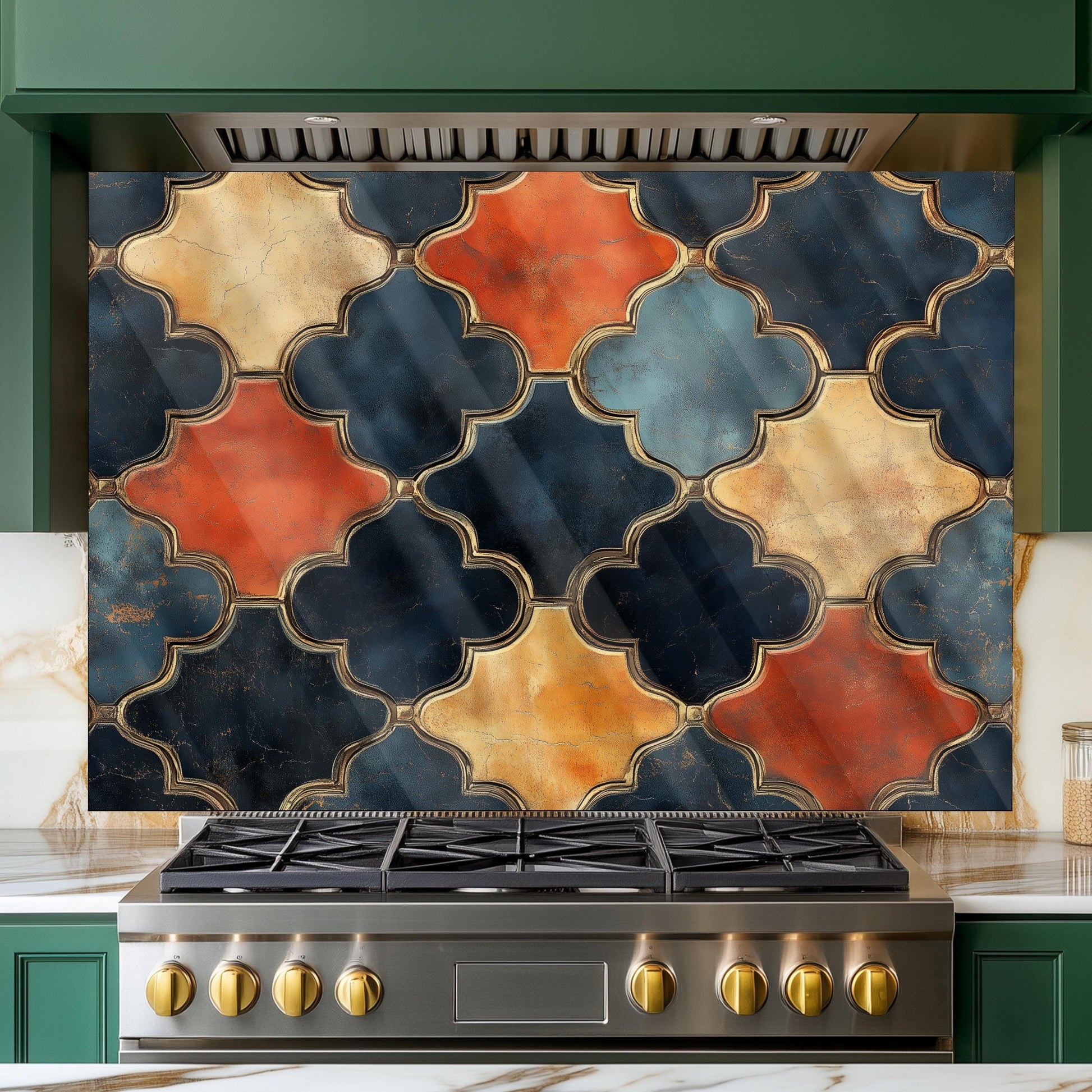 Moroccan Navy & Gold Backsplash, Heat Resistant Stove Guard, Custom Size Glass Art