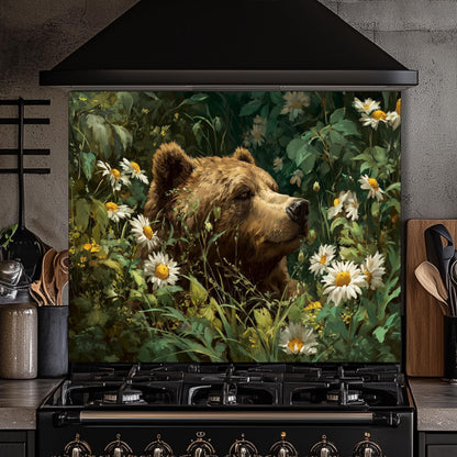 Copper Bear Kitchen Backsplash, Rustic Mountain Landscape Tempered Glass, Custom Size Design