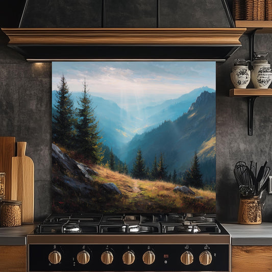 Misty Mountain Tempered Glass Backsplash: Heat-Resistant Stove Panel