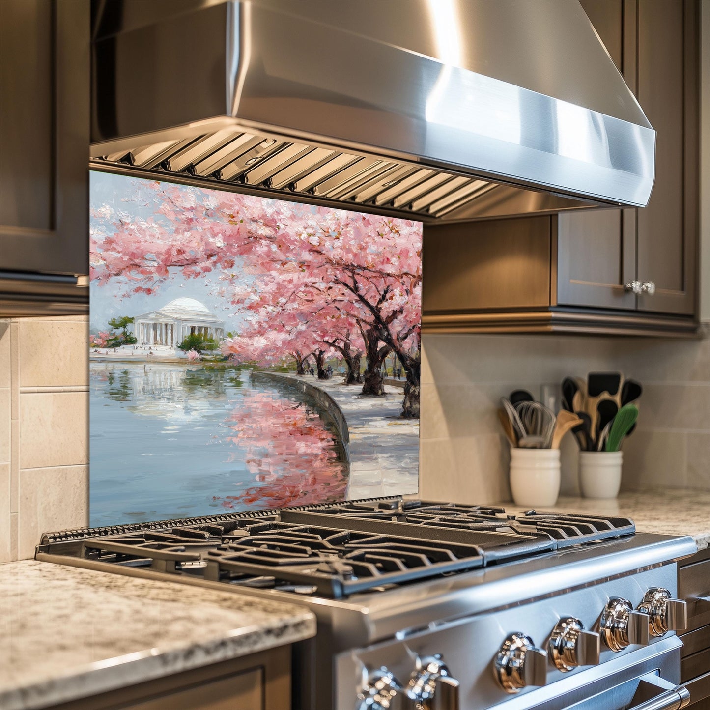 Cherry Blossom Tempered Glass Backsplash – Waterfront Spring Kitchen Panel