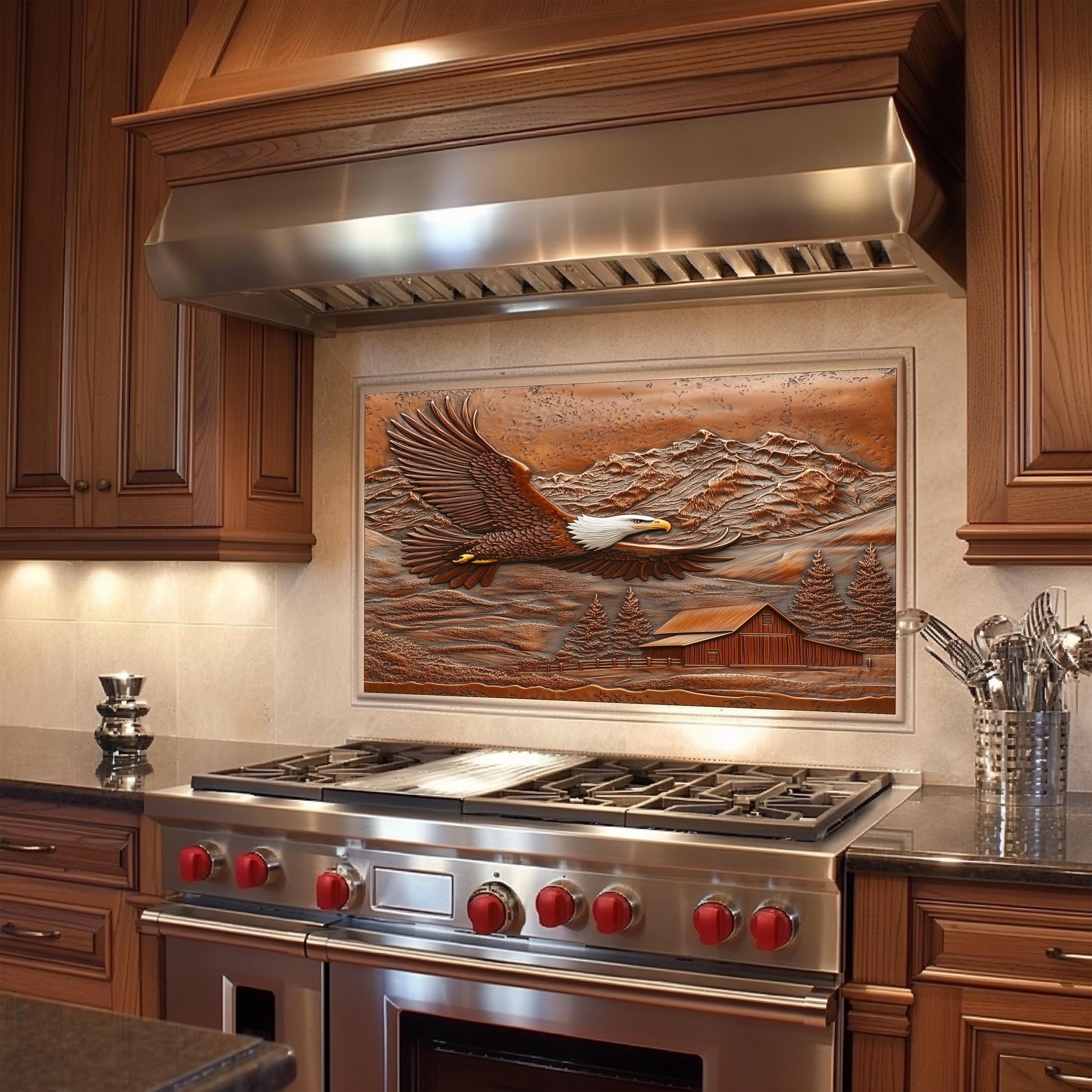 Majestic eagle kitchen backsplash, heat-resistant tempered glass, copper-effect rustic wall protector, farmhouse kitchen wall art, mountain and eagle decor, kitchen wall protector, easy clean backsplash