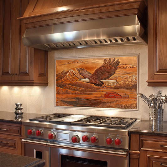 Majestic eagle kitchen backsplash, heat-resistant tempered glass, rustic copper-effect wall protector, easy clean backsplash panel, farmhouse kitchen wall art, eagle decor kitchen protector