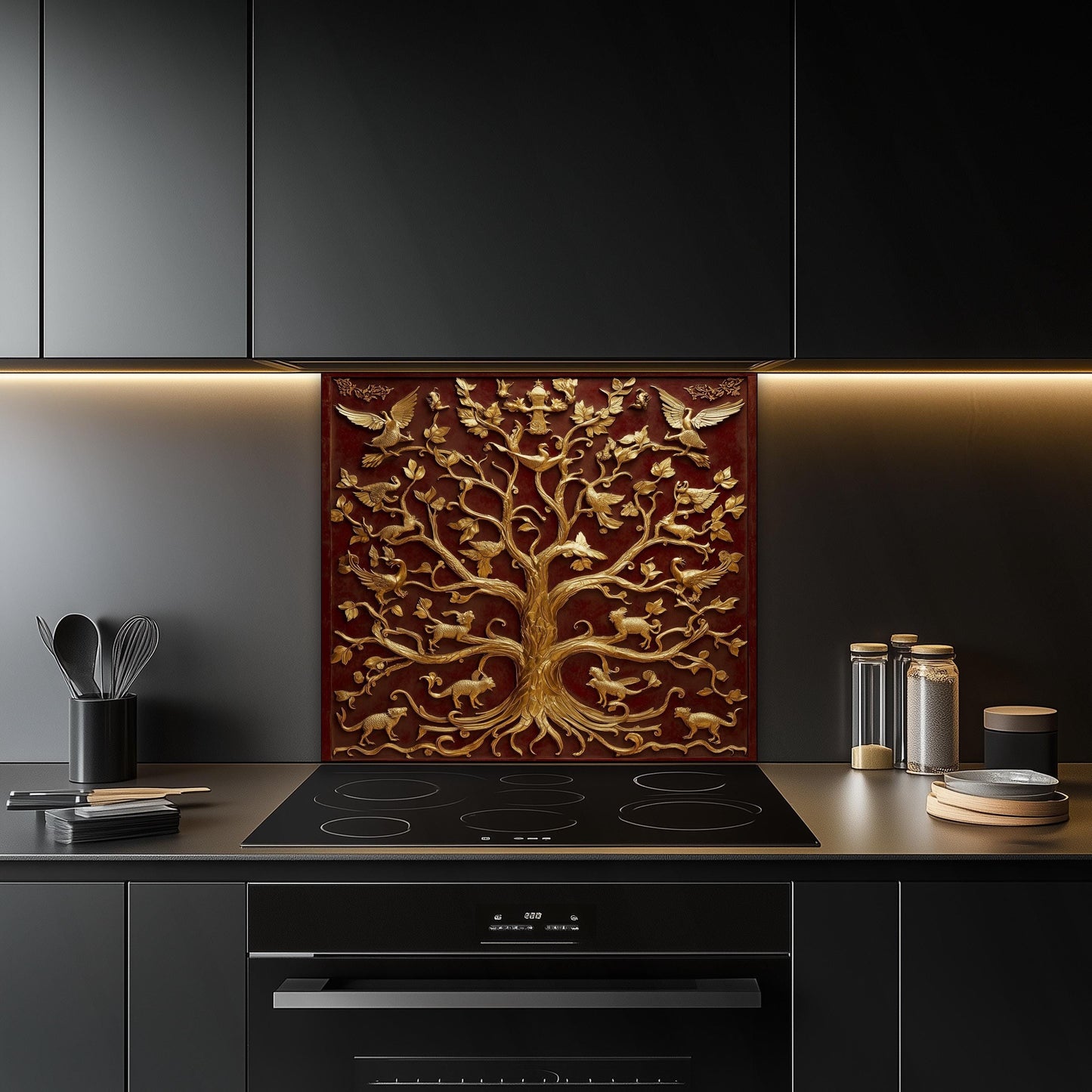 Ornate Red and Gold Kitchen Backsplash