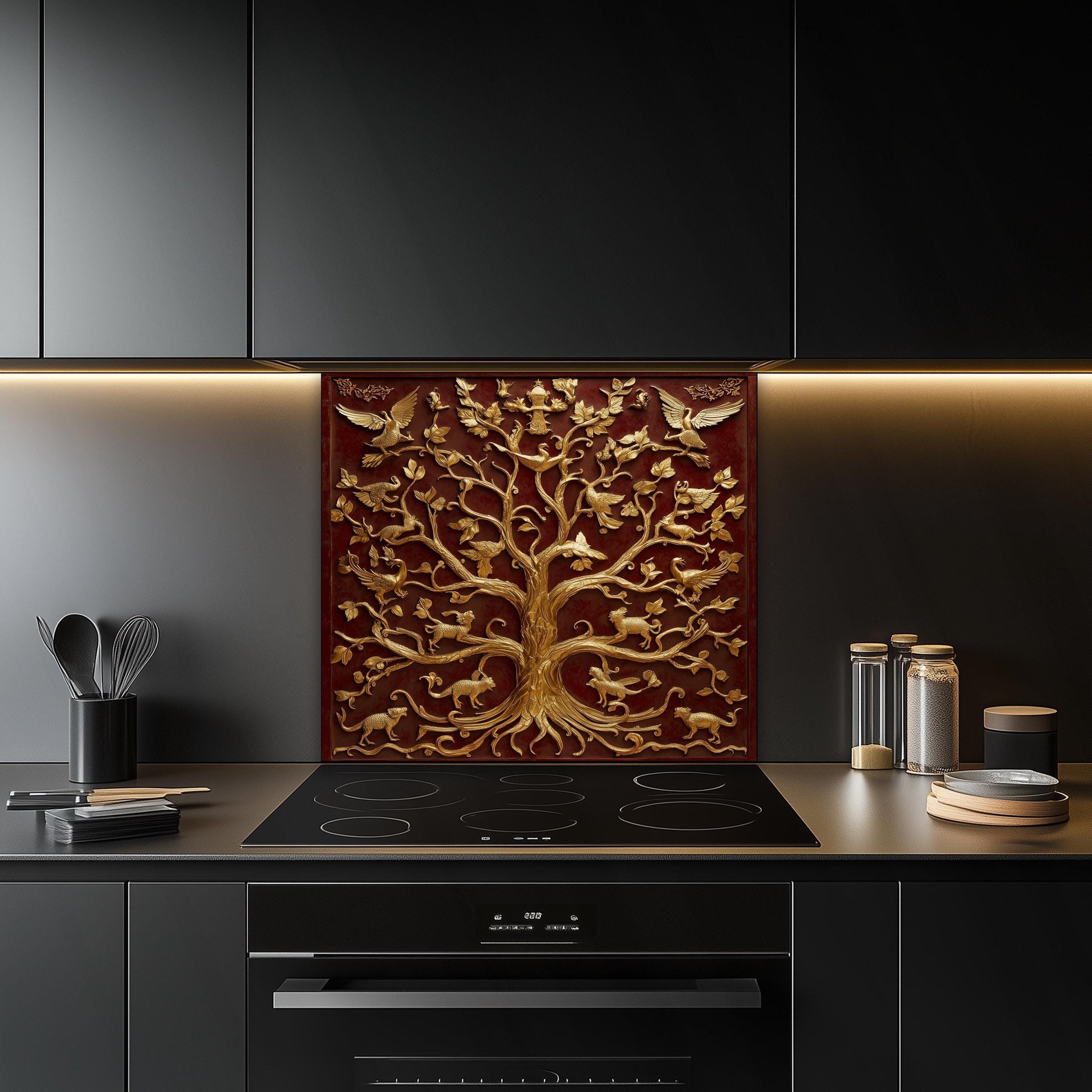 Ornate Red and Gold Kitchen Backsplash