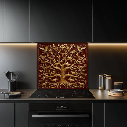 Ornate Red and Gold Kitchen Backsplash