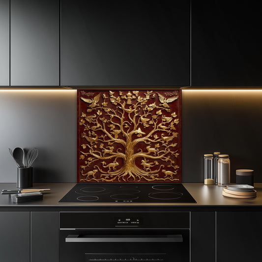 Ornate Red and Gold Kitchen Backsplash