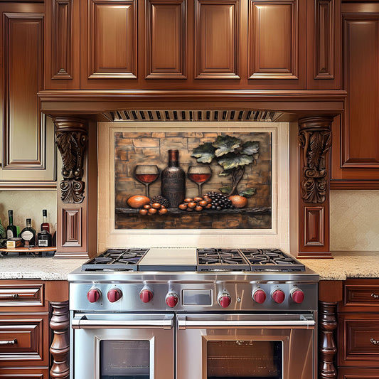 Luxury Wine and Vineyard Scene Kitchen Backsplash, Tempered Glass Art, Custom Size Design