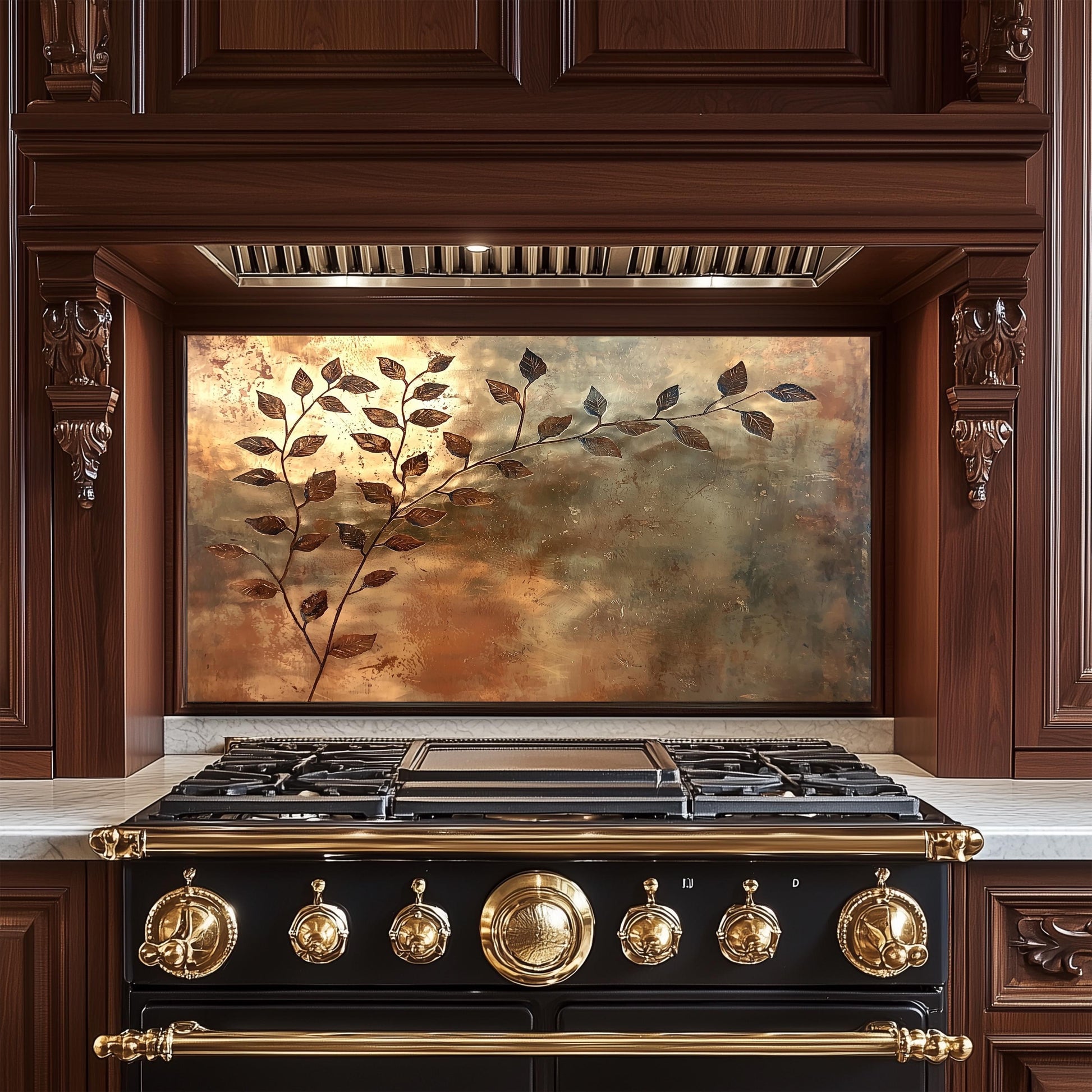 Copper Leaf Tempered Glass Backsplash: Rustic Kitchen Decor