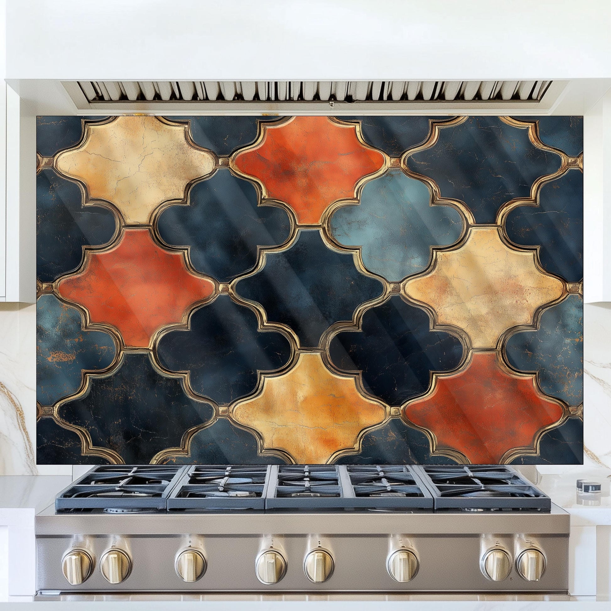 Moroccan Navy & Gold Backsplash, Heat Resistant Stove Guard, Custom Size Glass Art