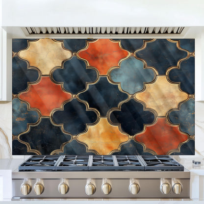 Moroccan Navy & Gold Backsplash, Heat Resistant Stove Guard, Custom Size Glass Art